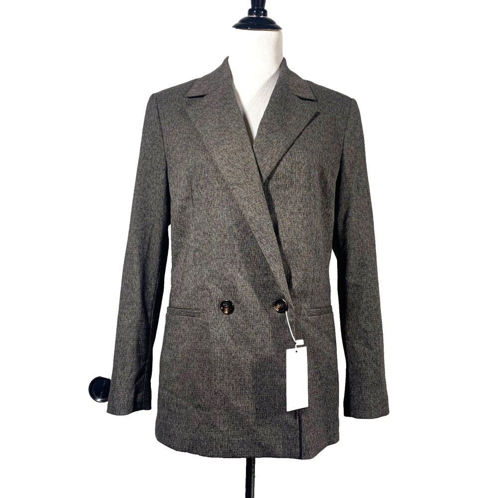 Mango Charlotte Double Breasted Blazer Jacket Brown Micro Houndstooth Size M NWT